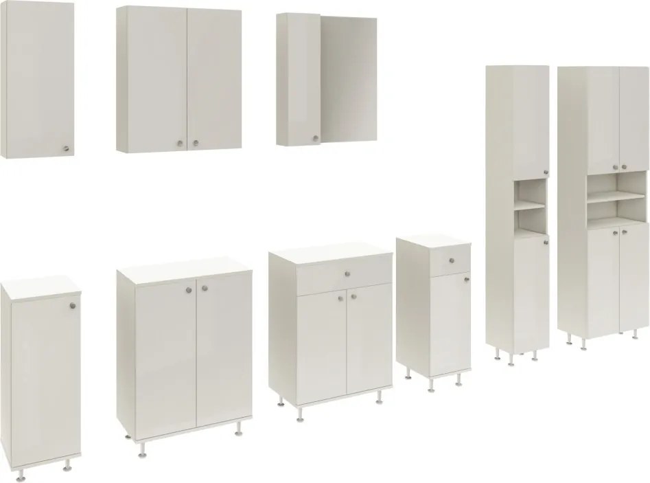 Zaria 2 ajtós fali fürdőszobai szekrény, Fényes fehér / Fehér, MDF, 60 x 22 x 72 cm