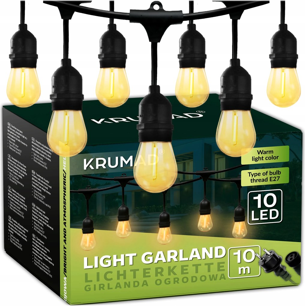 Kerti girland Led fény E27 10m Kültéri Kerti Lámpák Meleg