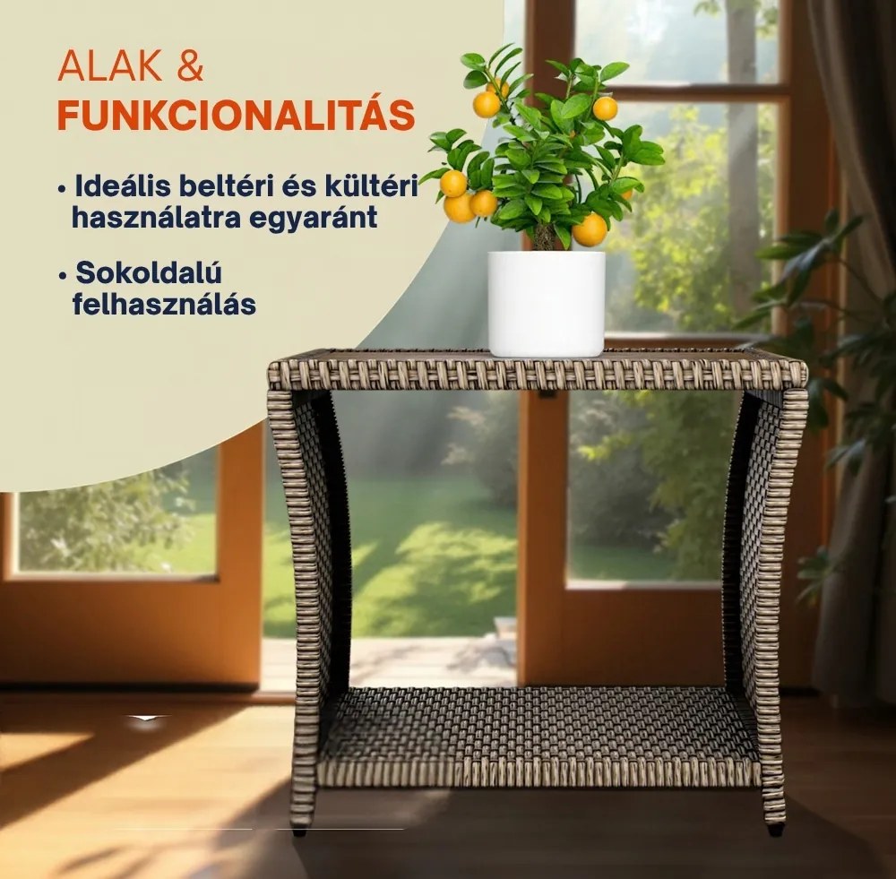 ROCCO polyrattan oldalasztal akácfával, 40x45x45cm, krémszínű Casaria