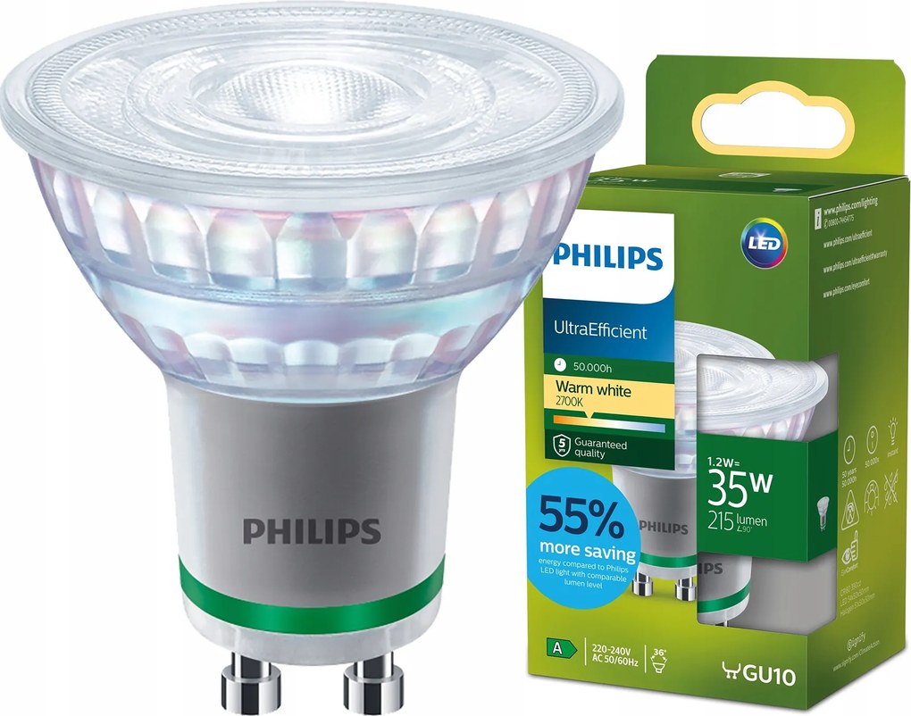 Led izzó GU10 Philips 1.2W 35W 215lm 179lm/W 2700K Meleg 36° A Osztály
