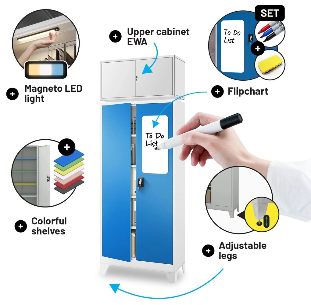 Fém iratszekrény JAN, 900 x 1850 x 400 mm, szürke-kék