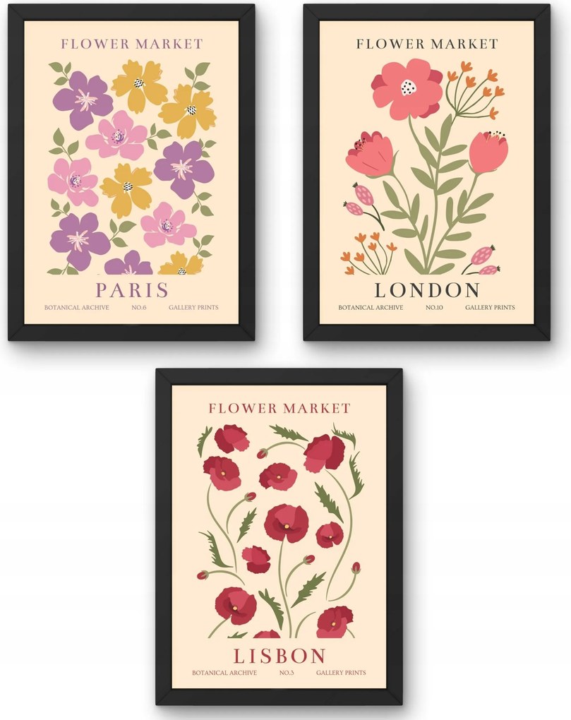 Három darabos poszter szett Flower Market London Paris Lisbon A4-es méret