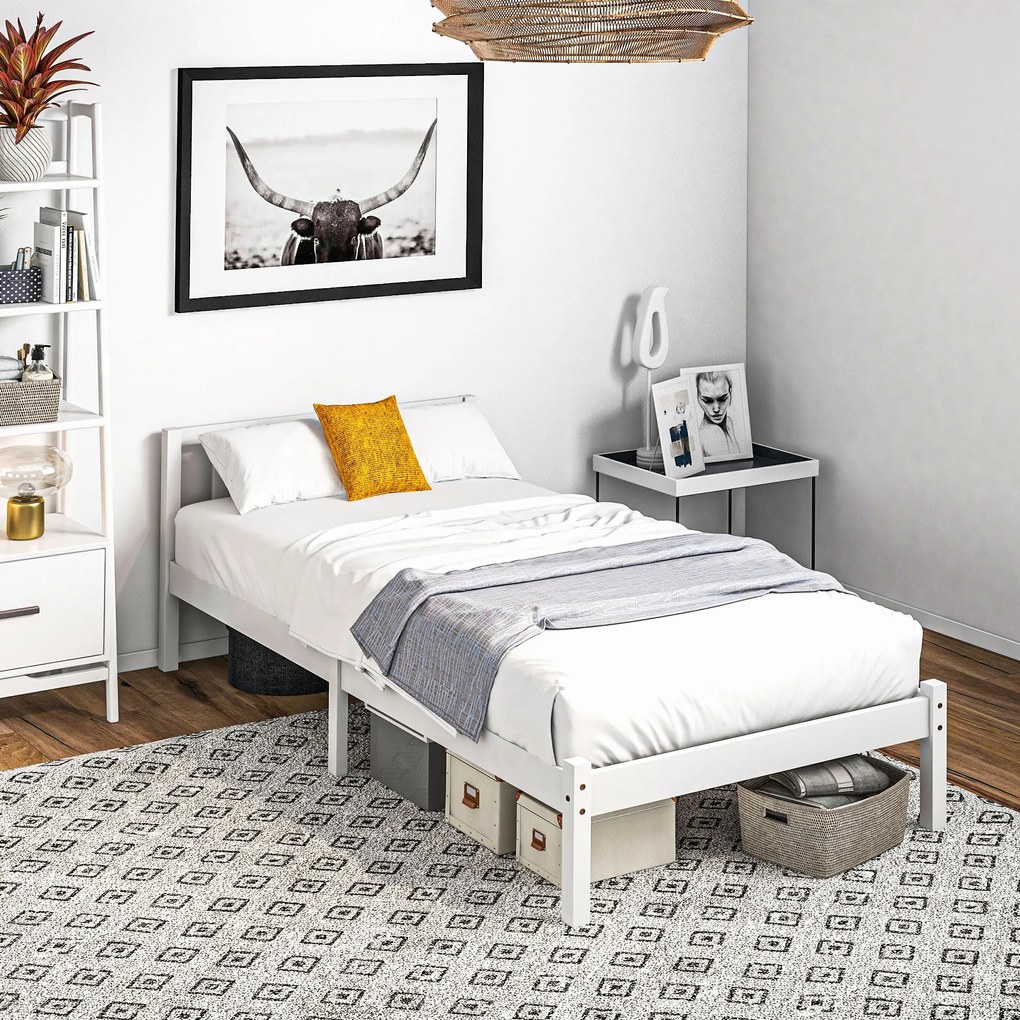 HOMCOM Fa Ágykeret Rácsos Ágy, 208 x 96 cm Fejvéggyel, Egyszemélyes Ágykeret Hálószobába, Fehér | Aosom