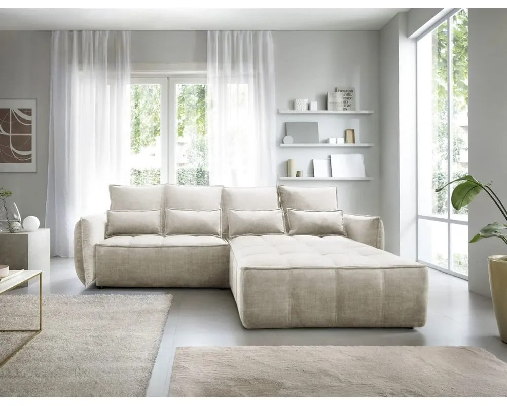 Bézs bársony kinyitható-tárolóhelyes sarokkanapé (jobb oldali-heverő résszel) Campo – ELTAP