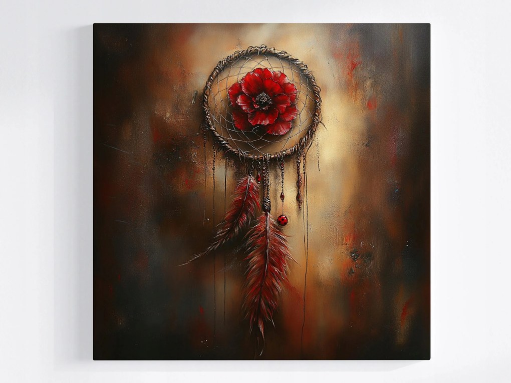 Canvas Álomfogó Vászonkép Piros Virág Boho Toll 40x40