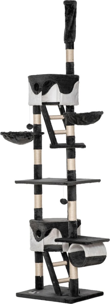PawHut Mennyezeti Macska Kaparóoszlop Állítható Magassággal 240-260 cm, Többszintes Macska Kaparófa Menedékekkel, Függőágyakkal, Lépcsőkkel, Sziszál K