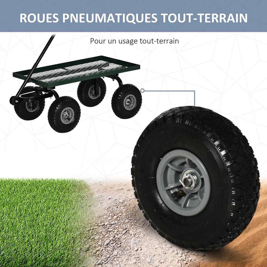 Outsunny Kerti Kocsi Szállító Kocsi Kézikocsi 4 Kerekű 94L x 48,5W x 100H cm max. 150 kg Fém Zöld | Aosom