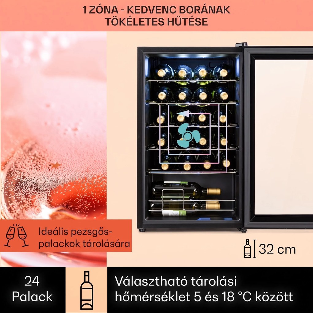 Klarstein Shiraz 24 Uno, borhűtő, 63 liter, 24 palack, 5-18°C, érintőképernyős vezérlőpanel