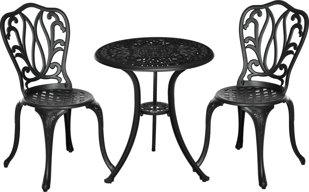 Outsunny 2 személyes kertibútor szett 2 székkel + kerek asztallal, retró varázs stílusban, öntött alumíniumból, fekete | Aosom
