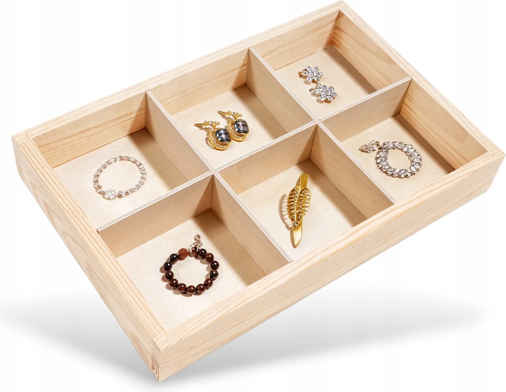 Kis fa polc apróságoknak, ékszertartó tálca 6 rekesszel