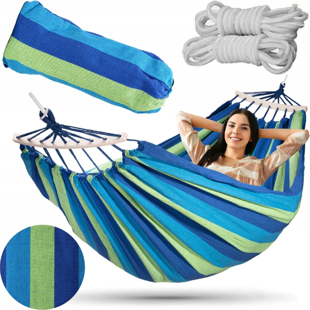 Kerti Függőágy Kétszemélyes XXL 260x150 2 Személyi Turista Rúddal Nagy