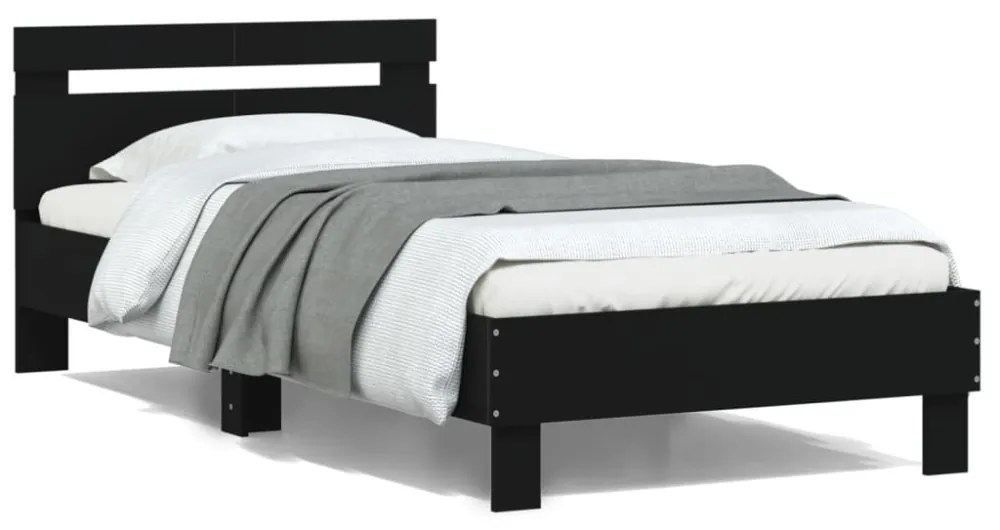 fekete szerelt fa ágykeret fejtámlával 100 x 200 cm