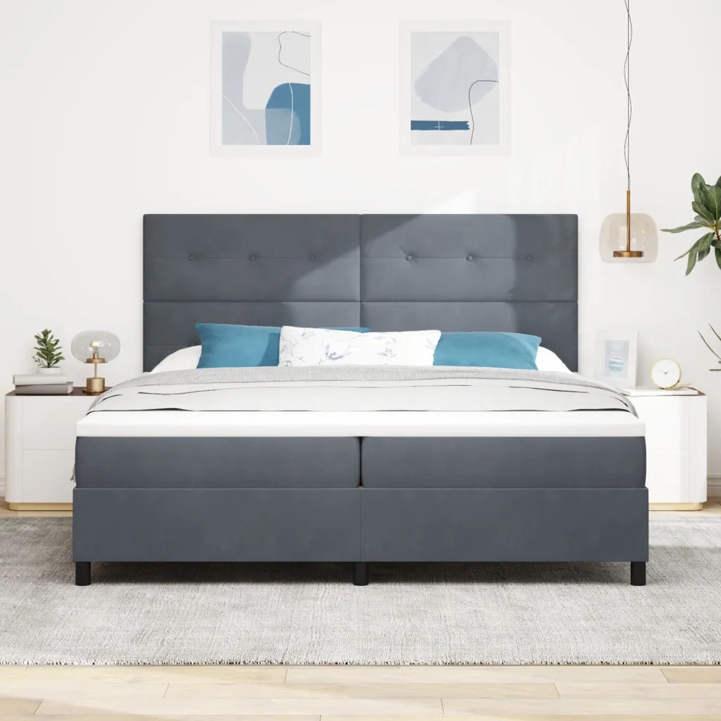 Box Spring Ágy Mattal és LED-del Sötét Szürke 200x200 cm Bársony