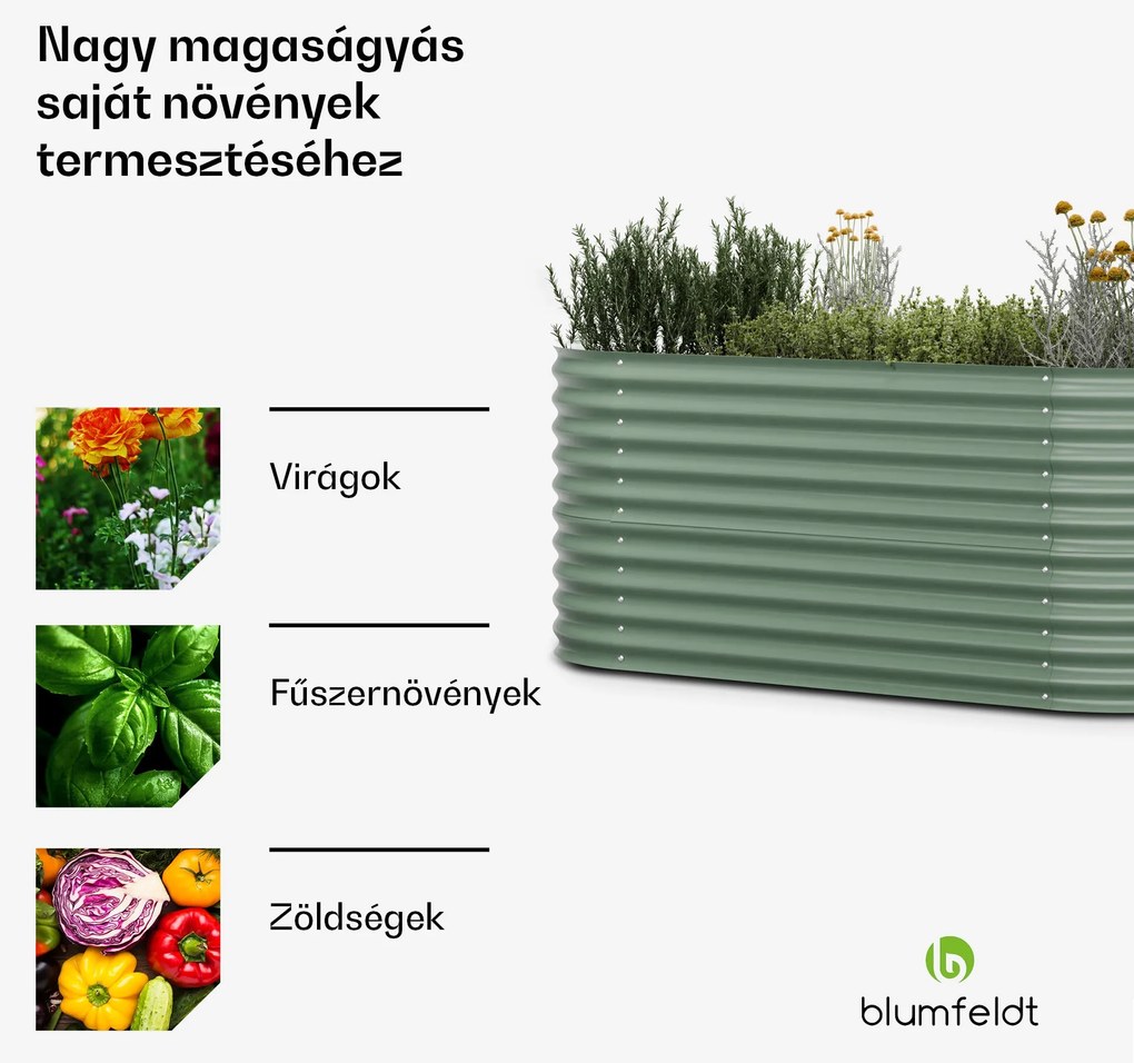 High Grow, magaságyás, 200 x 80 x 100 cm, hullámos acéllemezből, egyszerű összeszerelés, rozsda- és fagyálló