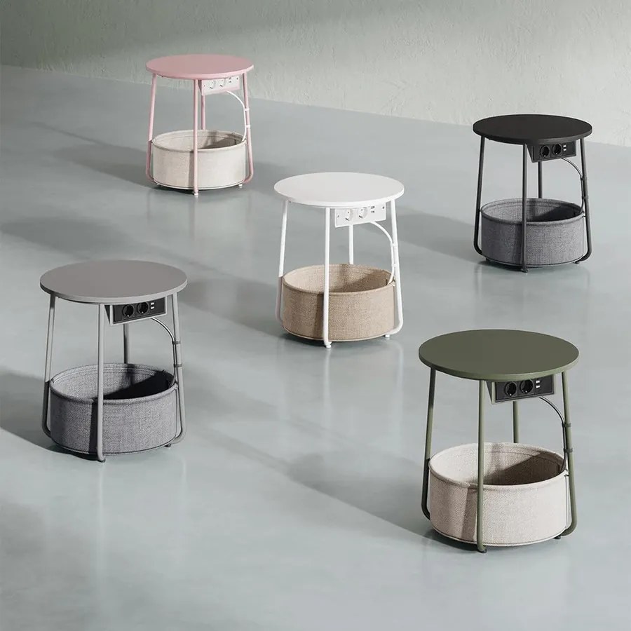 Kerek dohányzóasztal USB töltő porttal, kis asztal aljzattal, erdőzöld és krémfehér