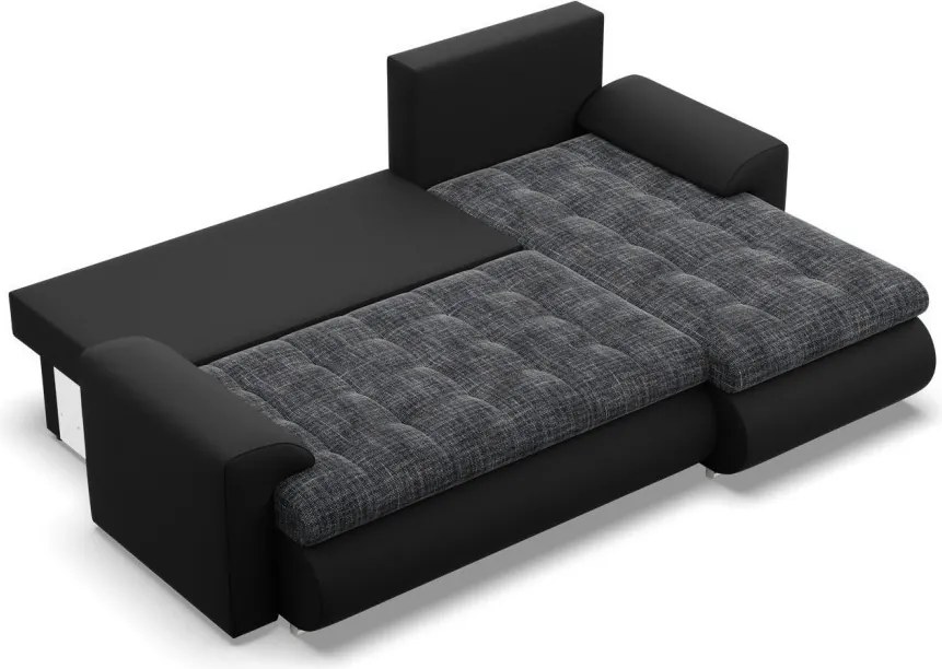 Tokio sarokkanapé, 2 ágyneműtartóval, fonott + műbőr, jobboldali, szürke - fekete