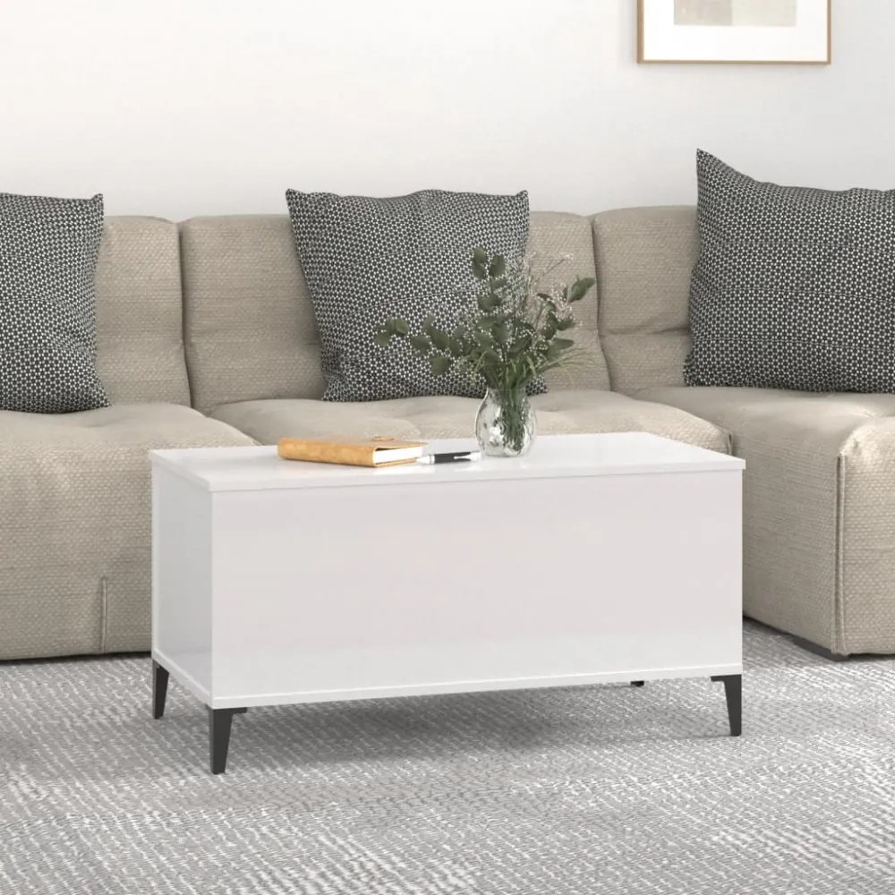 magasfényű fehér szerelt fa dohányzóasztal 90x44,5x45 cm