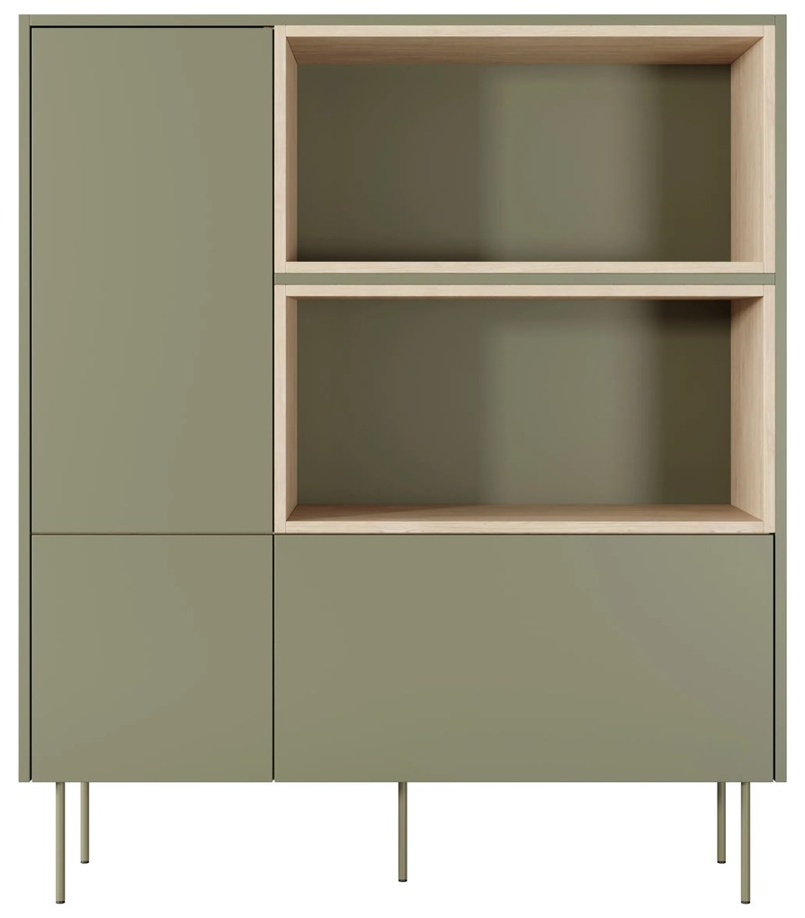 Desin magas komód 120 cm kétajtós fiókos nyitott polcos - olíva / nagano tölgy