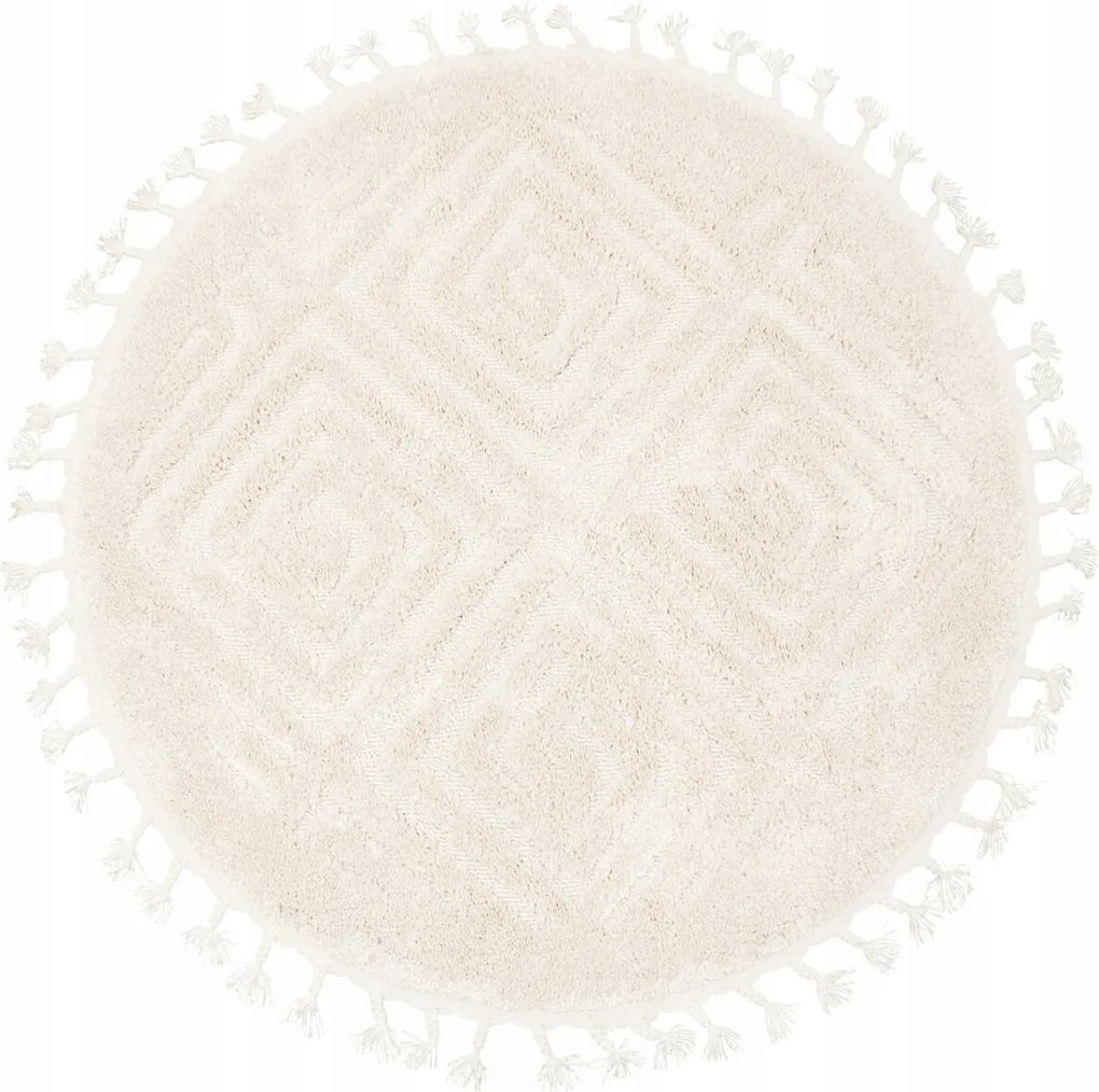 Kerek Szőnyeg Világos Krémszínű Rombusz 3D Rojtokkal Boho Berber Stílus Átm. 160 cm