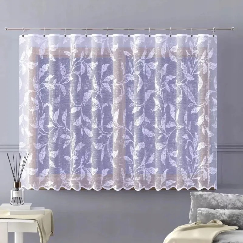 Modern jacquard függöny fehér, levelekkel 145 cm Bonnie A118
