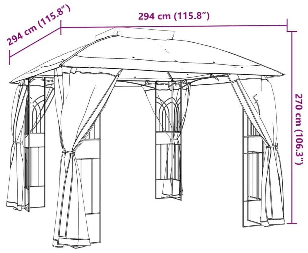 tópszínű acél dupla tetős pavilon hálós falakkal 2,94 x 2,94 m