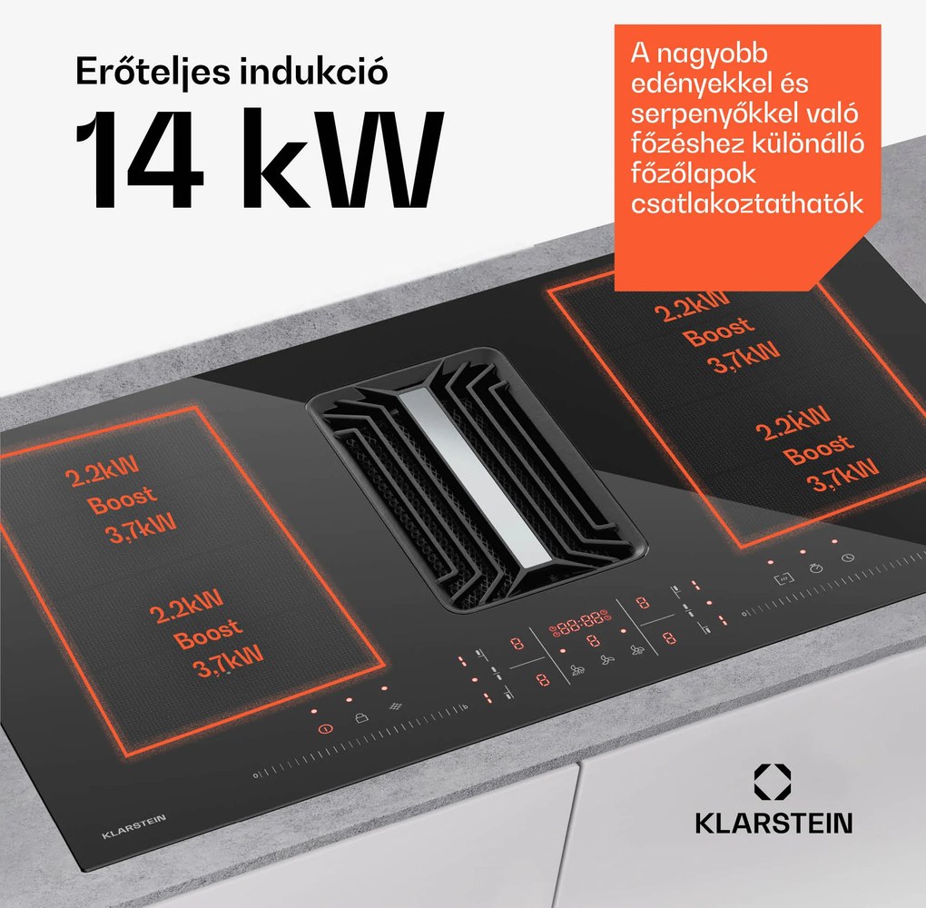 Klarstein AirJet FlexPro Down Air System | Indukciós főzőlap + páraelszívó | Flexzóna | Booster