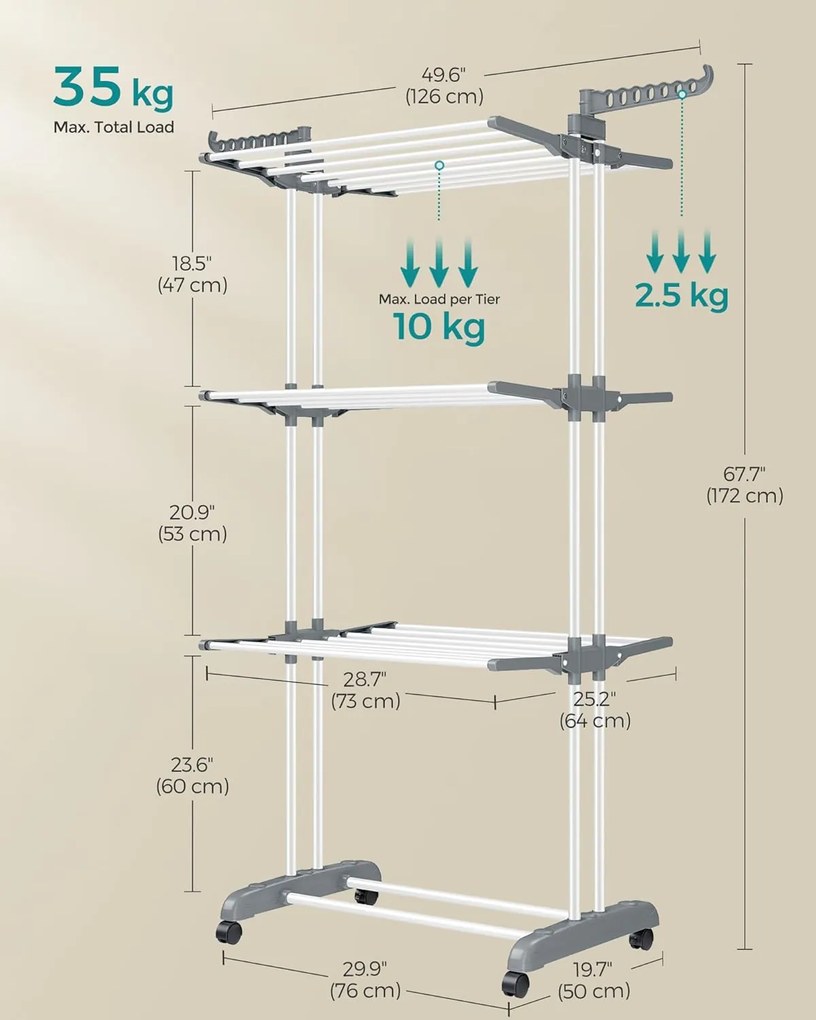 Összecsukható 4 szintes ruhaszárító állvány, mozgatható, 64 x 126 x 172 cm, rozsdamentes acél, lehajtható szárnyakkal, fehér