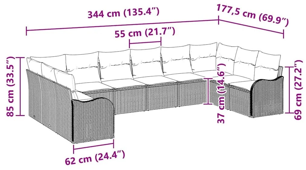 Kerti Kanapé Szett 10 pcs bézs és világosszürke Poli rattan