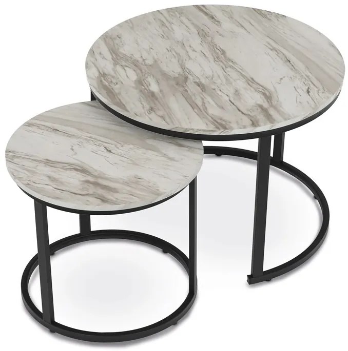 Set de măsuțe de cafea din 2 piese, blat din MDF cu decor marmură, cadru metalic