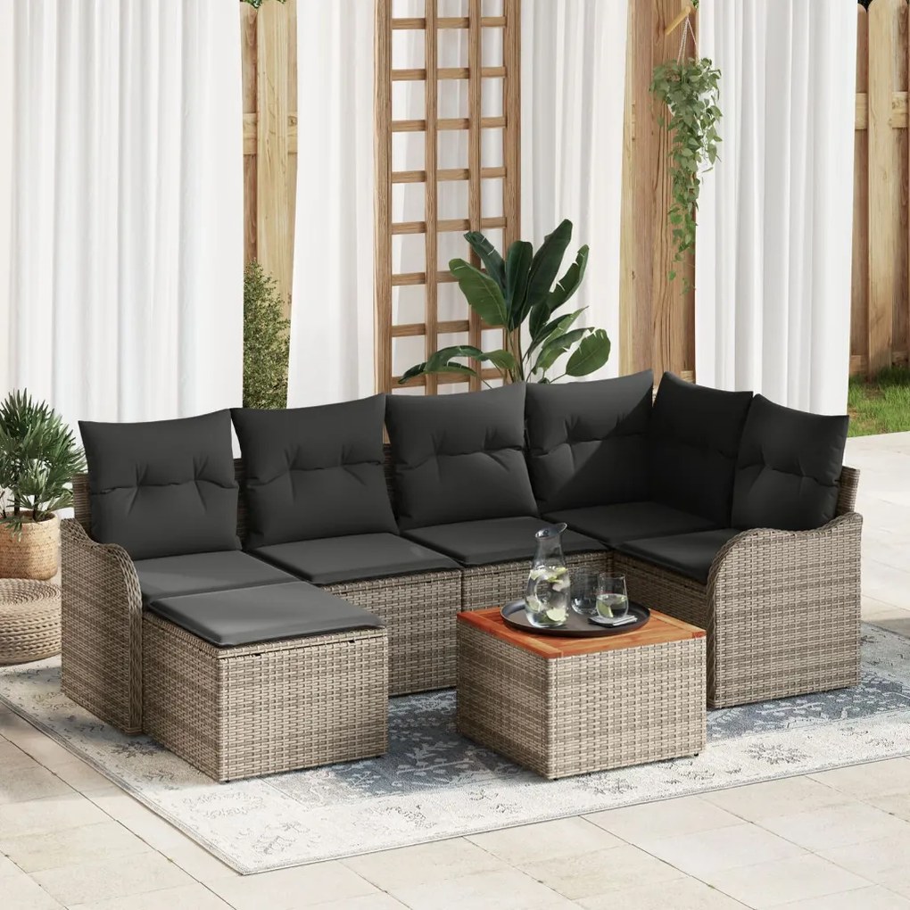 7 darabos kertiszófa szett párnákkal szürke poli rattan akáccal, 2 személyes kertiszófa tárolóval és párnákkal szürke poli rattan