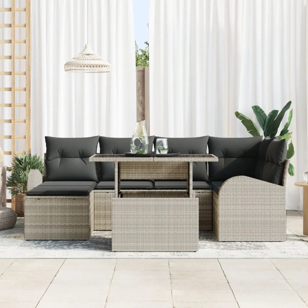7 részes Kert Sofa Szett Párnákkal Világosszürke Poli Rattan