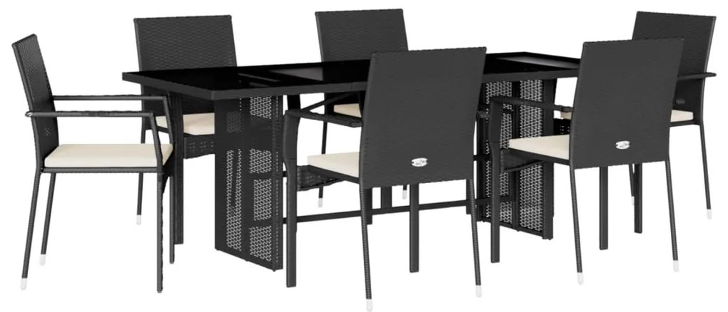 7 részes fekete polyrattan kerti étkezőgarnitúra párnával