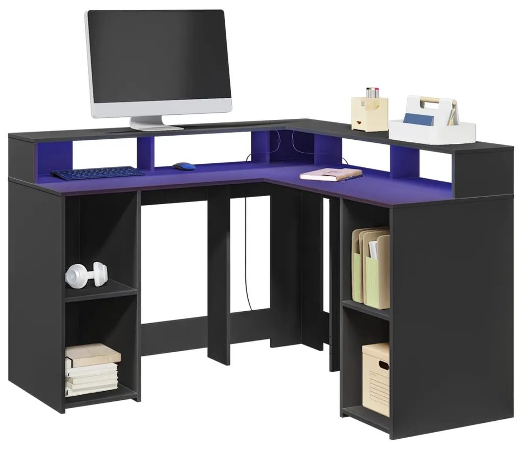 fekete szerelt fa íróasztal LED-világítással 130 x 130 x 91 cm