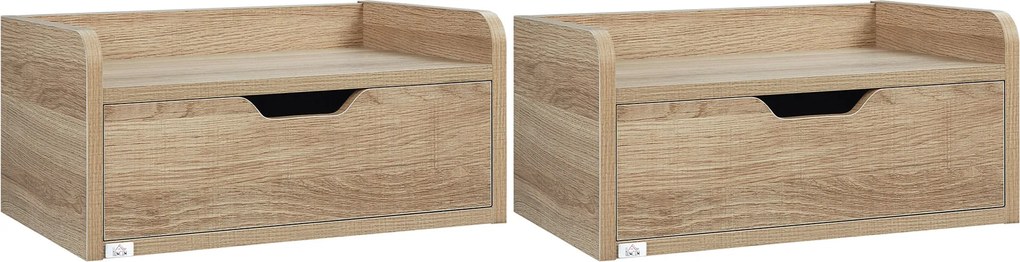 HOMCOM 2 Darab Fali Ágy Melletti Asztal - Csúsztatható Fiók, Polc - Természetes Forgácslap 40Sz x 30Mé x 19,5Ma cm | Aosom