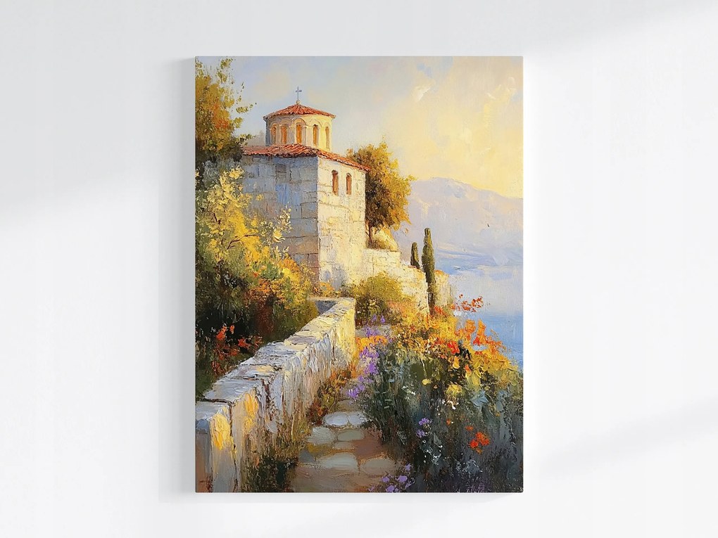 Vászonkép Canvas Tájkép Dél Tenger Templom Kápolna Virágok 75x100