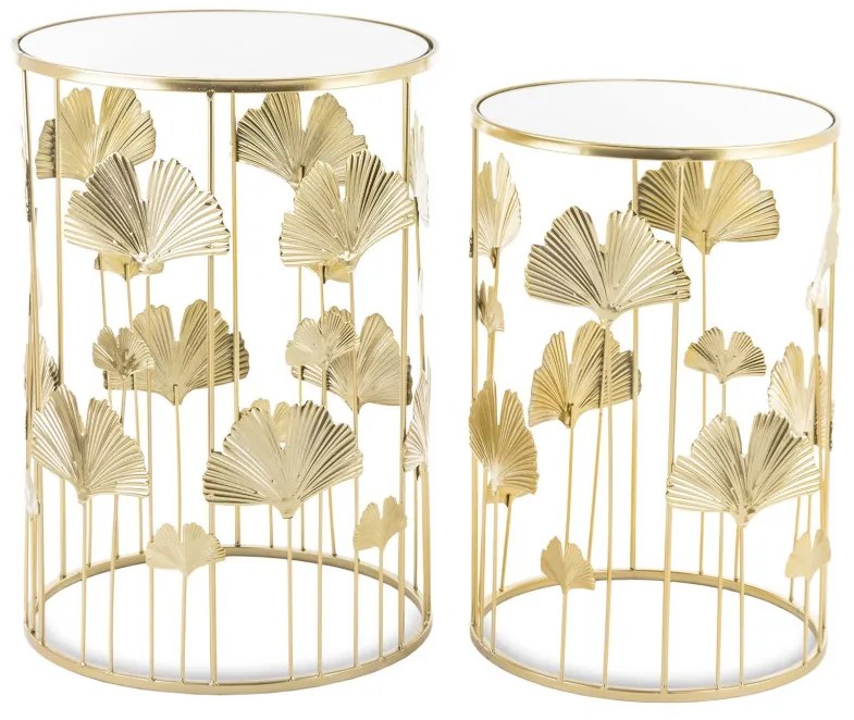 Gatsby design kerek fém 2db-os konzolasztal szett ginkgo biloba levelekkel üveg lappal 55x38x38-50x33x33cm