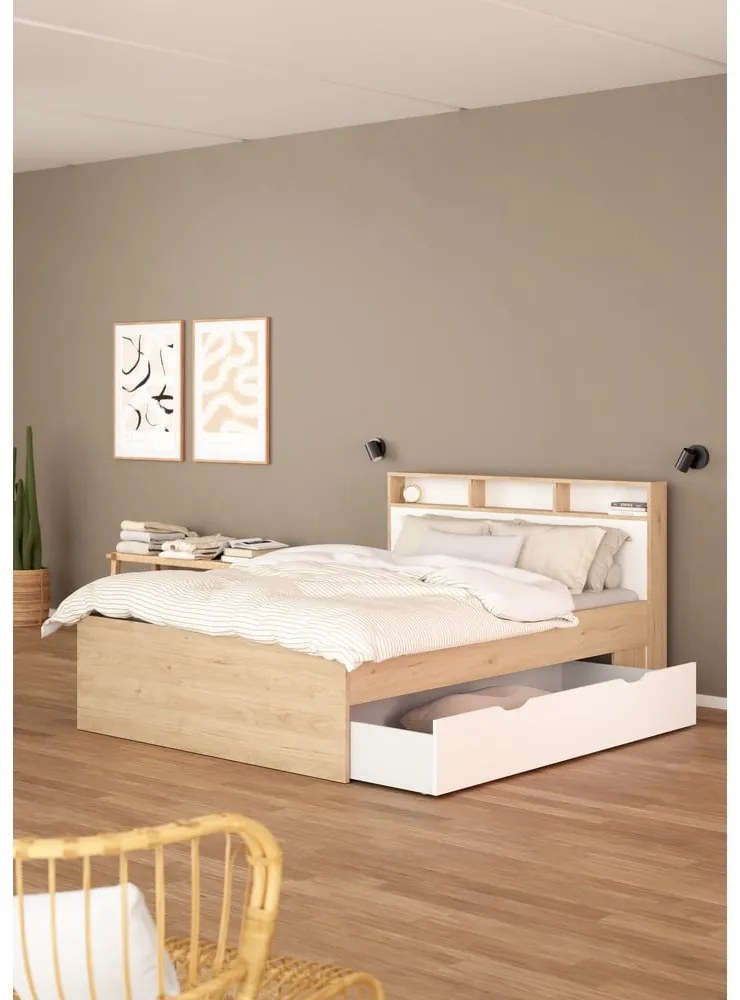 Natúr színű ágyneműtartós franciaágy ágyrács nélkül 160x200 cm tölgyfa dekorral Ikast – Tvilum
