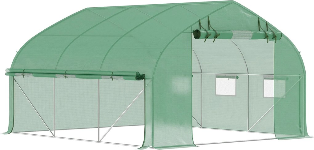 Outsunny Kert Tunnelláda Üvegház, 10,4 m², UV-álló Kert Üvegház, Rolós Cipzáras Ajtó, Hálós Ablakok, Galvanizált Acél Cső és 140g/㎡ PE, 350 x 300 x 20