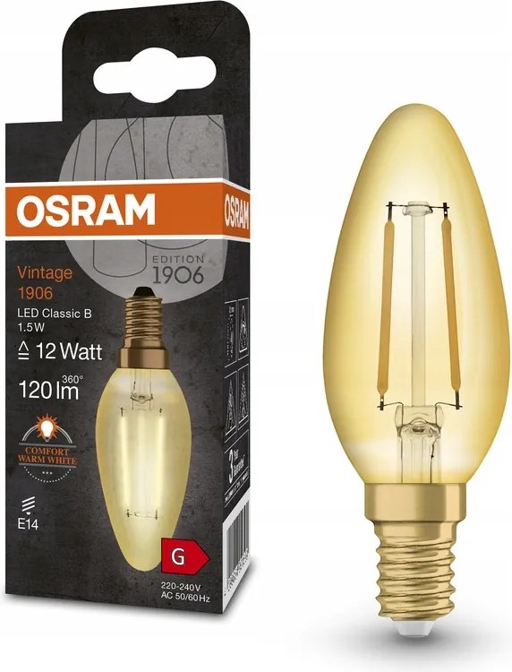 Led izzó B35 E14 1,5W 12W 2400K Meleg fehér Vintage Filament Osram