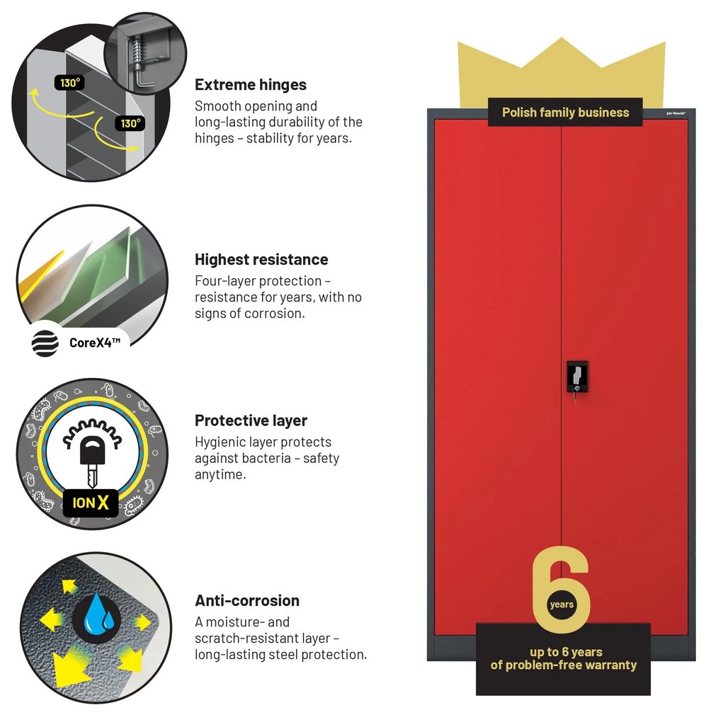 Fém iratszekrény JAN H, 900 x 1950 x 400 mm, antracit-piros