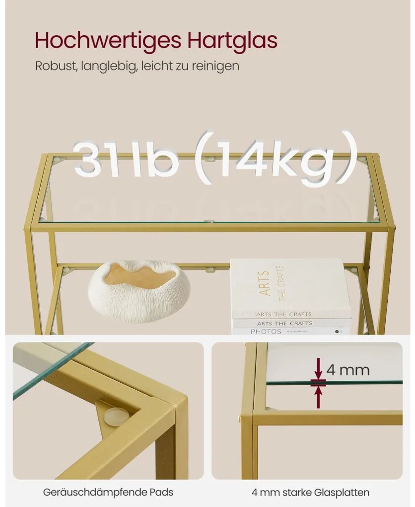 Fém tároló állvány üvegpolcokkal, 6 szintes, óarany 80x30x176cm