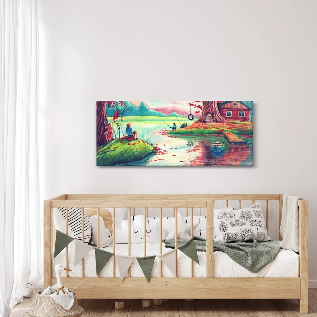 Kép - akvarell, Öböl egy hegyi faluban (120x50 cm)