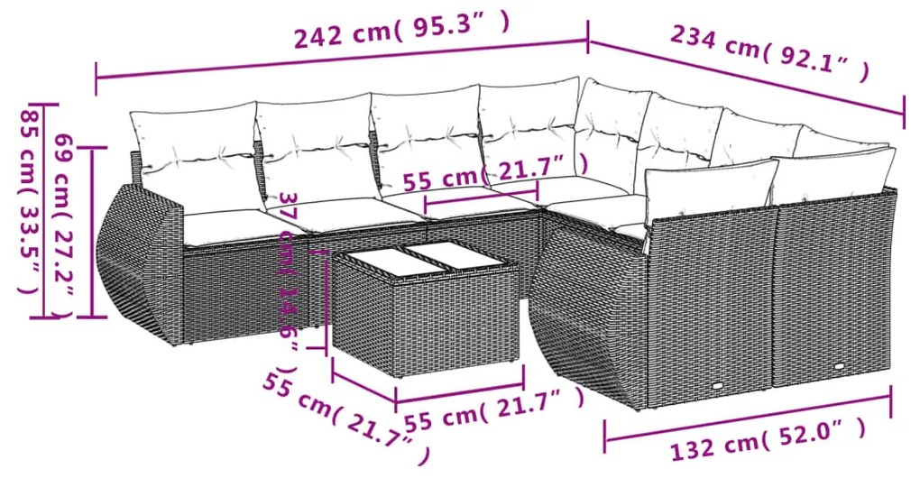 9 részes fekete polyrattan kerti ülőgarnitúra párnákkal