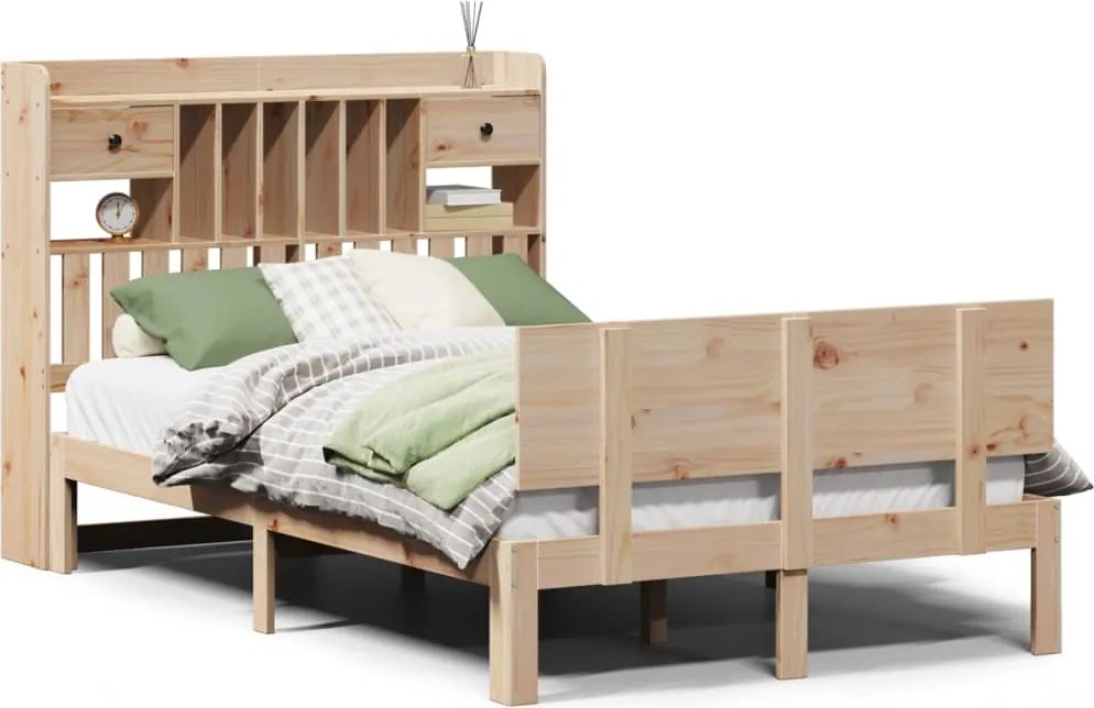vidaXL tömör fenyőfa könyvespolcos ágy matrac nélkül 135 x 190 cm