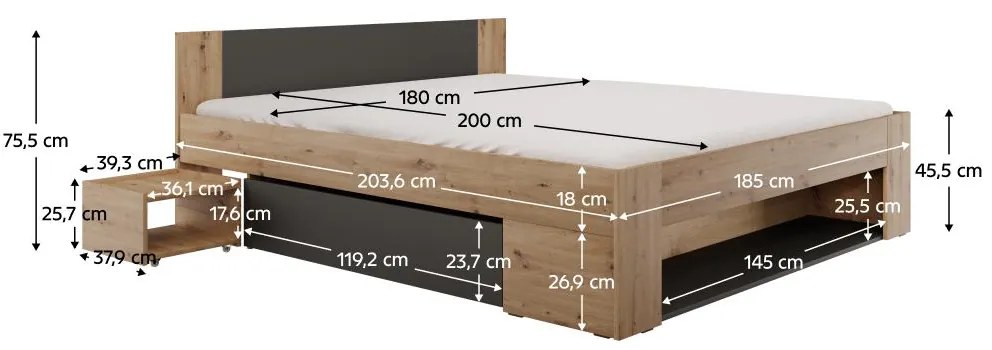 Franciaágy 180 cm Uniforme (artisan tölgy + antracit)  (tárolóhellyel). 1116536