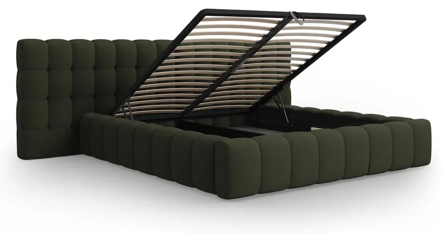 Zöld kárpitozott ágyneműtartós franciaágy ágyráccsal 200x200 cm Mamaia – Micadoni Home