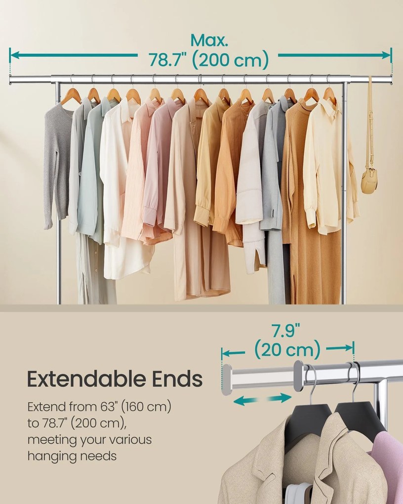 Ruhatartó állvány kerekekkel, 110 kg teherbírással, ezüst színben