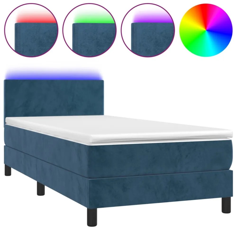 sötétkék bársony rugós és LED-es ágy matraccal 80 x 200 cm