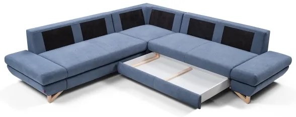 Kihúzható L-alakú kárpitozott sarokülőgarnitúra tárolóhellyel AVESTA kék
