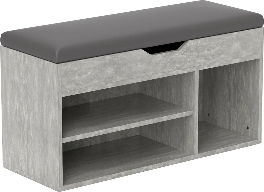 HOMCOM Párnázott Bejárati Cipőtartó, Helytakarékos Cipőállvány 3 Rekesszel, PU Bőr Üléssel, Nappali és Előszoba Használatra, 80x30x43 cm, Fekete és Sz